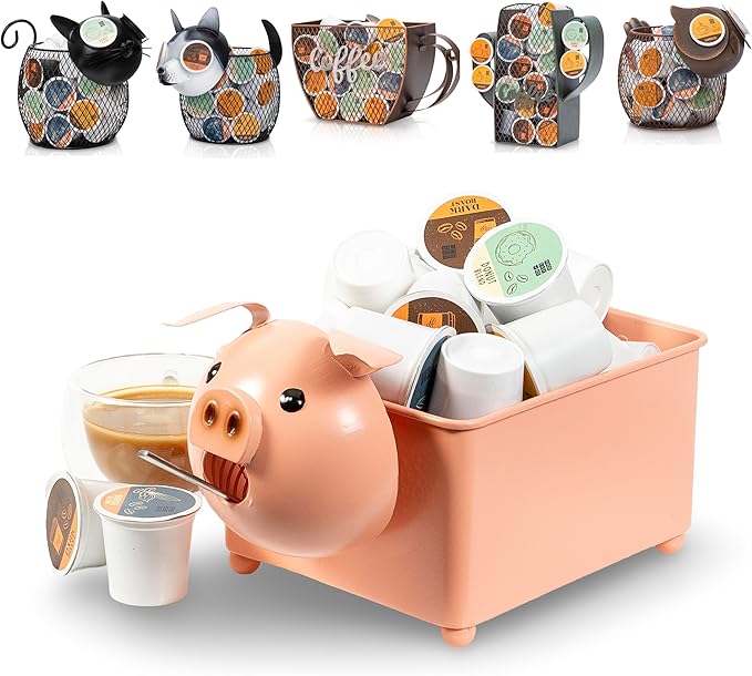 Made Easy Kit Coffee Pod Basket Organizer Practical Decoration - Compatible with Keurig K-Cup Pods & Capsules - Home Cafe Bar Decor Useful Kitchen Countertop Freestanding (Pig Square)