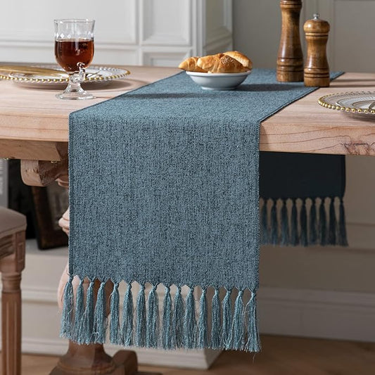 ZeeMart Blue Table Runners 48 Inches Long, Burlap Linen Style Rustic Farmhouse Table Runner, Small Short Boho Coffee Table Runner, 13x48 Inches, Blue