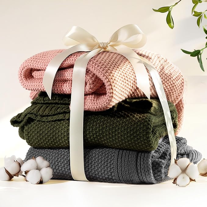 100% Cotton Cable Knit Throw Blanket, Large Lightweight Soft Knit Blanket for Sofa Couch Bed, Breathable All-Season Throw, Cozy Decorative Blanket, 60 x 80 Inch,Pink