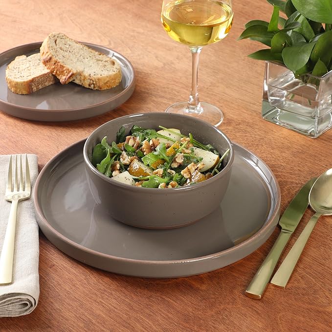 Gibson Elite Northrock Stoneware Dinnerware Set, 12-Piece Service for 4 Plates and Bowls Set – Gray Dishes with Hand-Painted Terracotta Base