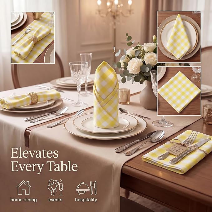 Urban Villa Cloth Napkins 100% Cotton Highly Absorbent Washable Durable Reusable Premium Dinner Napkins Ideal for Gifts for Mothers Day Hotel Farmhouse Parties - Yellow/White (20" x 20", Set of 12)