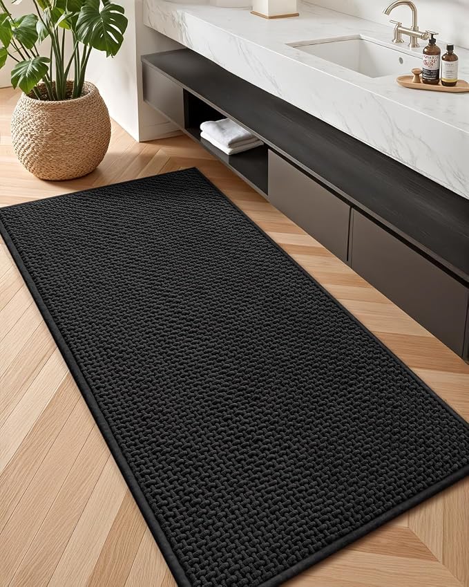 Color&Geometry Rubber Backed Waffle Bath Mat 60x24, Non Slip Water Washable Bathroom Rugs, Soft Absorbent Chenille Boho Carpet for Bathroom Floor, Tub and Shower, Black
