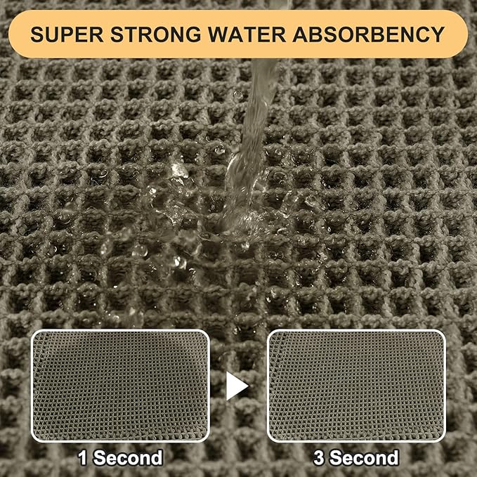 Upgrade Waffle Bath Mat Set 2 Piece, Greyish Green, Boho Bathroom Rugs Absorbent Non Slip, Ultra Soft Bathroom Mat, Machine Washable Knit Bath Rugs with Border for Bathroom, Kitchen, Shower, Tub