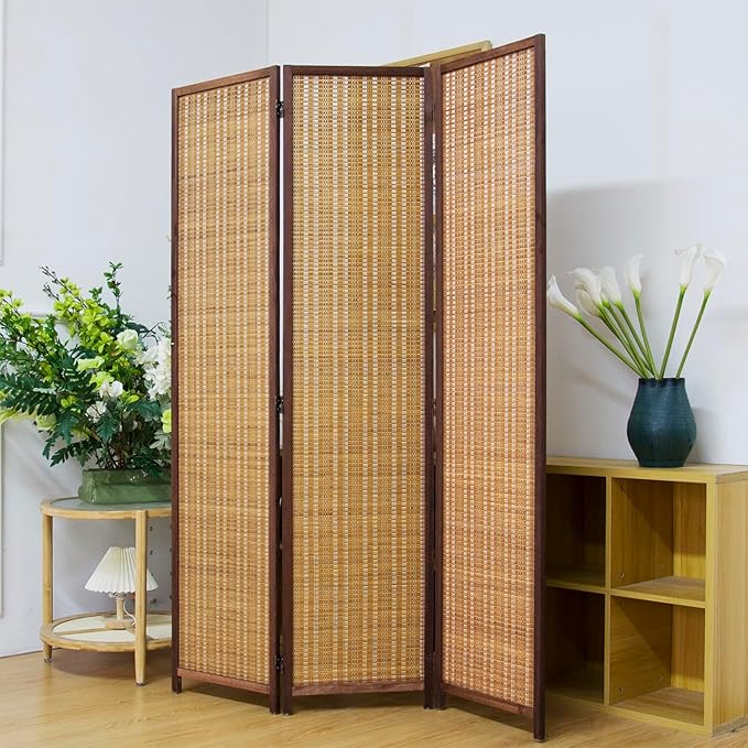 3 Panel Bamboo Room Divider Screen,5.6 FT Tall Bamboo Divider Folding Panel Screen,Freestanding Panel Divider for Room Seperation,Brown