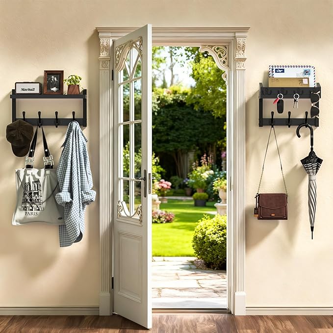 29'' Black Coat Rack Wall Mount with Shelf, Solid Wood Coat and Key Hanger with 11 Metal Hooks, Farmhouse Wall Organizer for Mail, Entryway Wall Hangers for Hats, Clothes, Backpacks, Mudroom