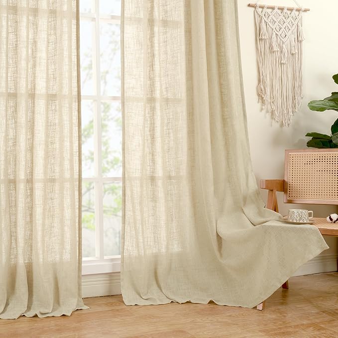 LAMIT Natural Linen Blended Curtains for Living Room, Back Tab and Rod Pocket Semi Sheer Curtains Light Filtering Country Rustic Drapes for Bedroom/Farmhouse, 2 Panels,52 x 120 Inch, Linen
