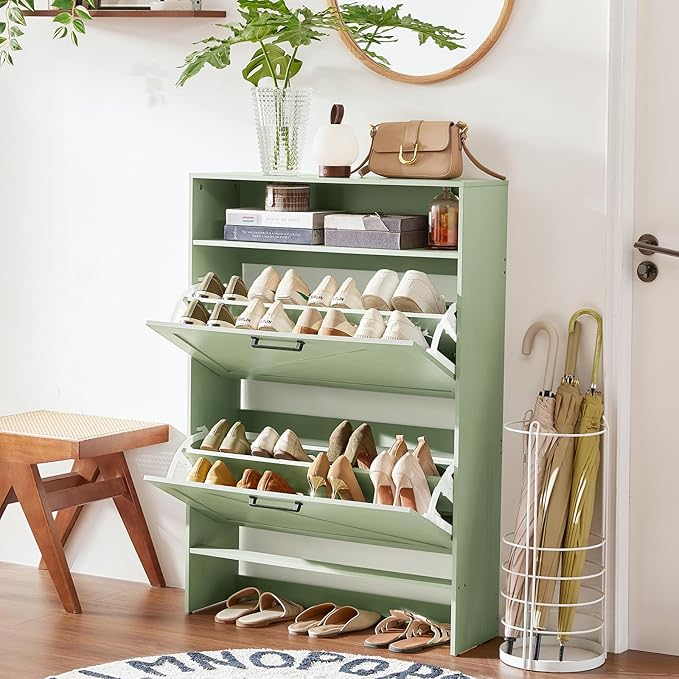 RWYHG Shoe Cabinet Storage for Entryway with 2 Flip Drawers Open Storage Layer Rack Narrow Organizer Slim Hidden Wood Shoe Cabinet Furniture Green
