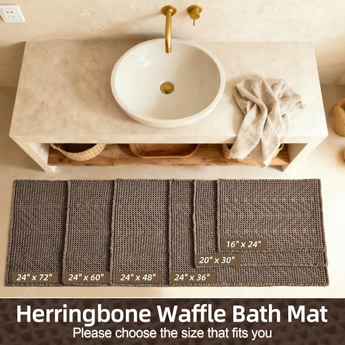 Sunfly Boho Herringbone Runner, Ultra Soft Non-Slip Waffle Bath Mat - Super Absorbent & Quick Dry Washable,Bathroom Runner Rug 24"x72" Taupe