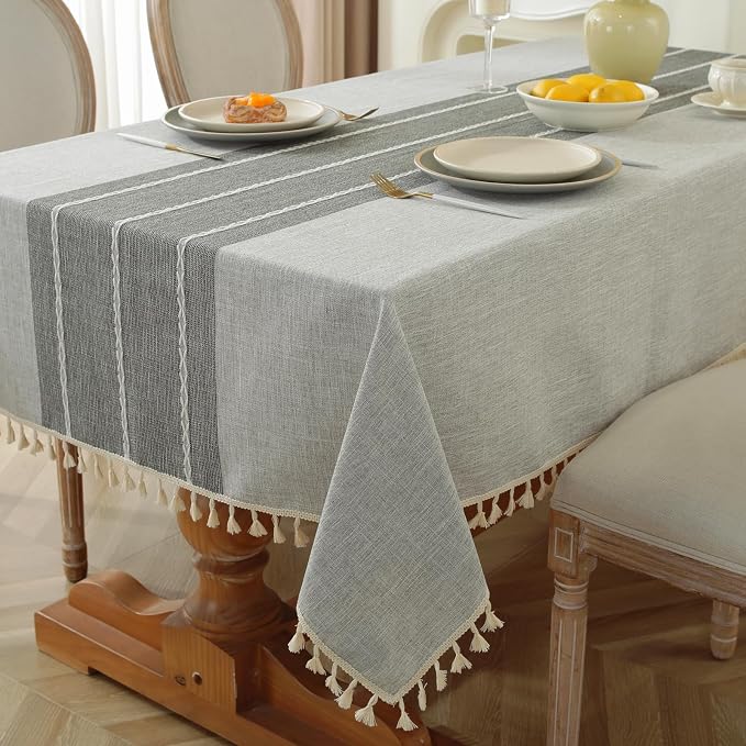 Alsoo Waterproof Rectangle Tablecloth Rustic Spring Table Cloth Cotton Linen Wrinkle Free Tablecloths for Kitchen Dining, Party, Holiday, Outdoor (Grey Lines, 4-6 Seats, 55x75 Inches)