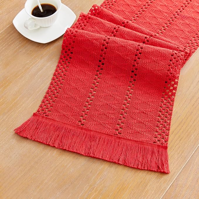 YATOJUZI Red Table Runner Pure Red Boho Table Runners with Tassels Seasonal Long Table Runner Rustic Farmhouse Table Runners for Christmas Centerpieces Dining Bedroom Kitchen Decor 12x95 Inches
