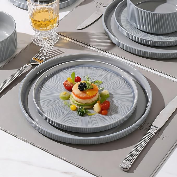 Dinnerware Sets for 4, Ceramic Plates and Bowls Set 12 Piece Dinnerware Chip Resistant Stoneware with Advanced Inkjet Printing Technology, Dishwasher and Microwave Safe-Smoky Blue