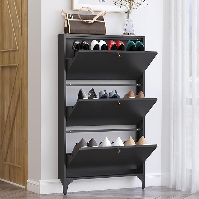 Shoe Storage Cabinet for Entryway with 3 Flip Drawers, Freestanding Shoe Organizer with Legs,Farmhouse Narrow Shoe Storage Cabinet for Entryway, Foyer,Living Room (3-Drawers, Black)
