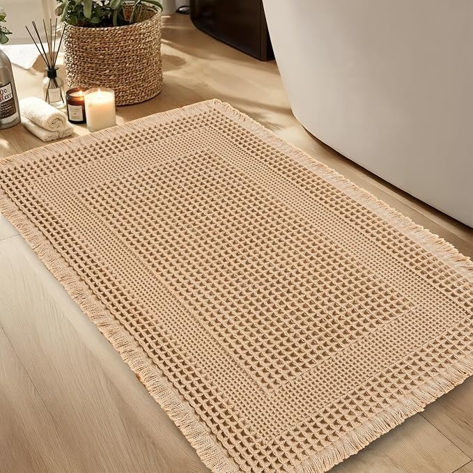 Hiasan Waffle Bath Mat, Super Absorbent Non Slip Bathroom Boho Rug with Tassels, Machine Washable Bath Mats for Bathroom, Ultra Soft Rubber Backed Rug, Loop-Brown, 20 x 32 Inches