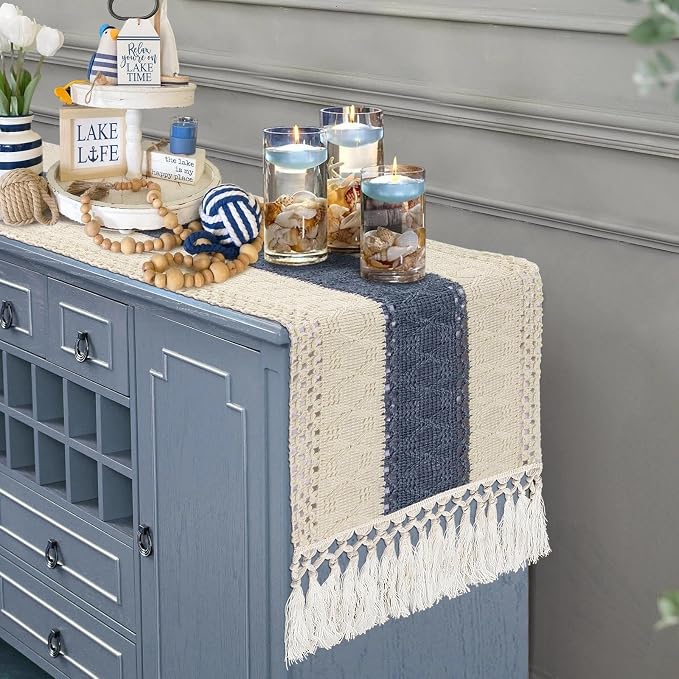 yuboo Boho Macrame Dresser Runner, Navy Blue Coffee Table Runner Short, Rustic Summer Coastal Table Runner Farmhouse Style for Nightstand, End Table, Desk Table, Bohemian Dresser Decor, 48 Inches Long