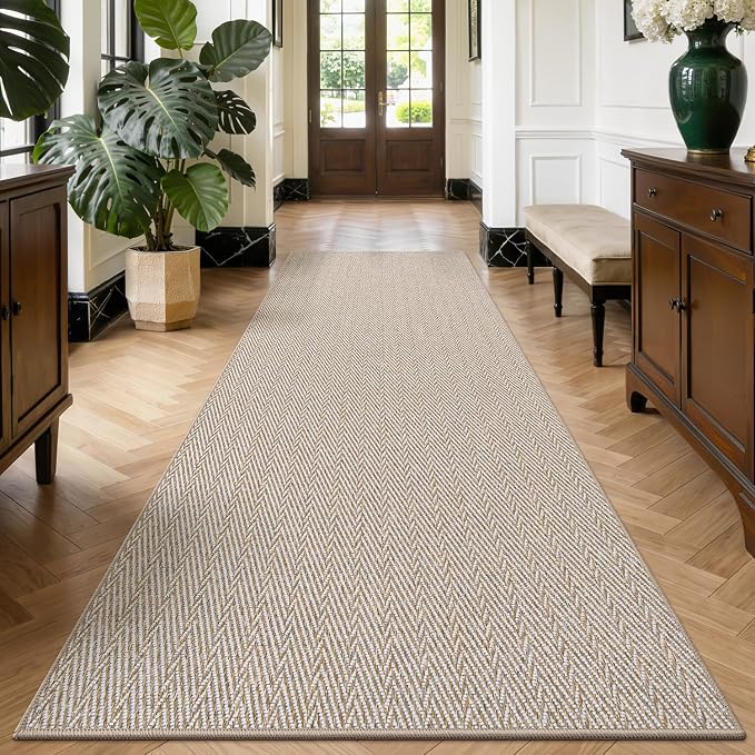 LUMI Ultra Thin Runner Rug for Hallway 2.7'x8', Non-Slip Entryway Rug with Rubber Backing, Unique Herringbone Design for Hallway, Entry, Kitchen, Patio, Beige