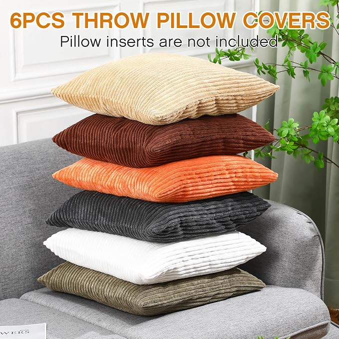 VitalCozy Throw Pillow Covers Set of 6 18x18 Decorative Neutral Couch Throw Pillow Covers Faux Fur Pillowcase Soft Velvet Farmhouse Boho Striped Decor for Bed, Sofa(Multicolor)
