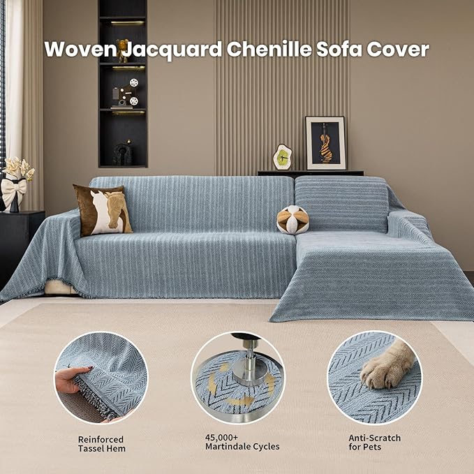 Chenille Couch Cover for Sofa Non Slip Cover Washable Pet Couch Covers Tassel Armchair Sofa Slipcovers Dog Scratch Furniture Protector Blanket for Living Room,Dusty Blue 71"x71"