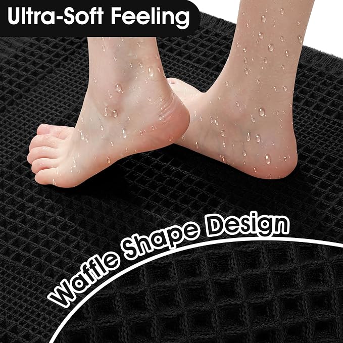 Extra Large Waffle Bath Mat, 6'x2' Black-Looped, Super Absorbent Non-Slip Quick Dry Bathroom Rugs with Tassels, Machine Washable Ultra Soft Boho Bath Rugs for Floor, Toilet Mats Boho Farmhouse Decor