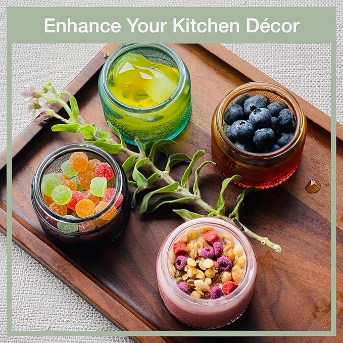 4 oz Decorative Small Glass Jars with Lids, 6 Pack, 6 Colors | Bamboo Lids, Vintage Embossed Colorful Mini Containers, For Kitchen Pantry Organization, Spices, DYI Gifts, Candle Making