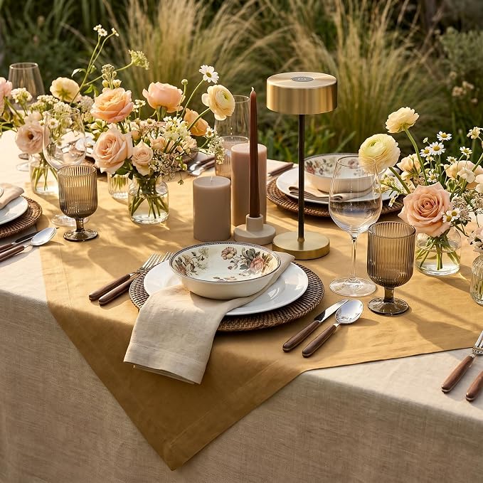 Solino Home Linen Tablecloth 52 x 52 Inch - 100% Pure Linen Caramel Square Tablecloth - Fete, Machine Washable Table Throw for Summer