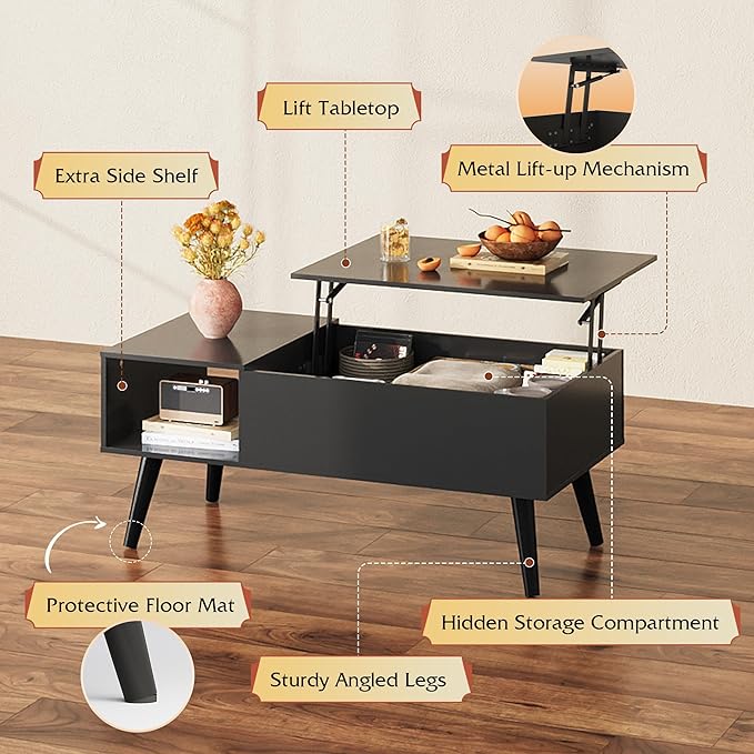 WLIVE Coffee Table for Living Room, Lift Top Coffee Table with Storage, Small Rising Wooden Dining Center Table with Storage Shelf & Hidden Compartment, 39" Black