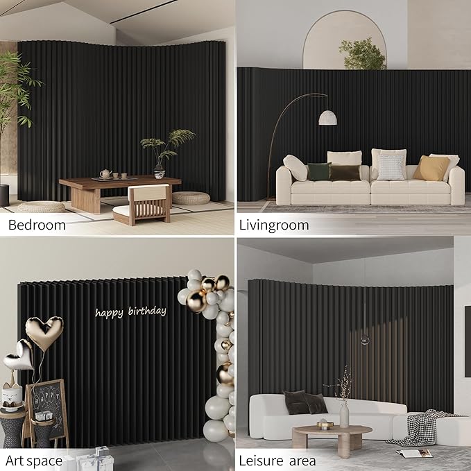 Paper Room Divider, Folding Black Privacy Screens, Decorative Enterprise Office Temporary Divider Wall,Indoor Folding Portable Partition Screen for Home Dorm Office Studio Exhibition Store