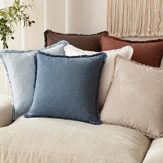 Foindtower Set of 2 Decorative Linen Fringe Throw Pillow Covers Cozy Boho Farmhouse Cushion Cover with Tassels Accent Pillowcase for Couch Sofa Bed Living Room Home Decor,26×26 Inch,Dark Blue