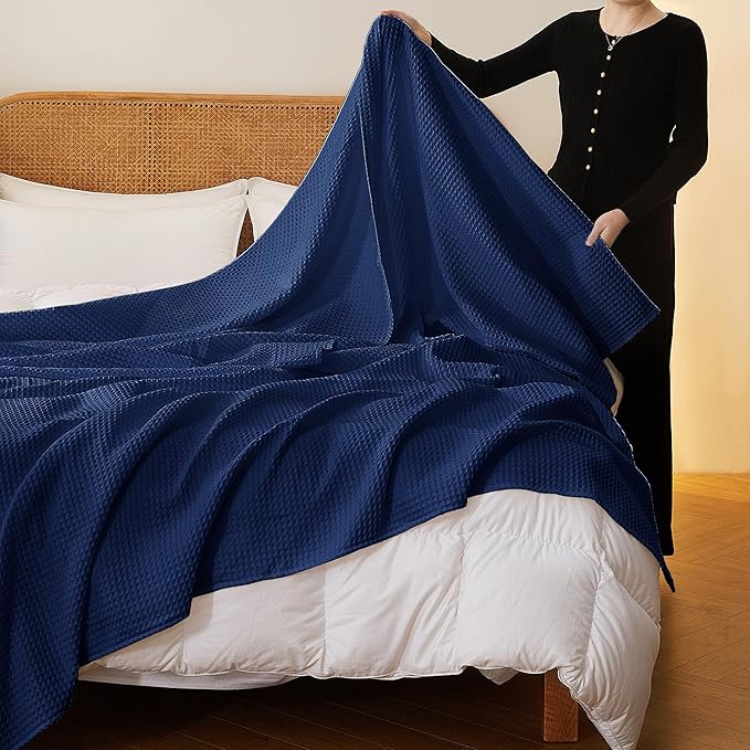 100% Cotton Waffle Blanket (Navy Blue - Full Size - 84 * 90''), Pre-Washed and Anti-Shrinkage Soft Lightweight Bed & Couch Blanket, 380 GSM Waffle Weave Throw Blanket for All Seasons