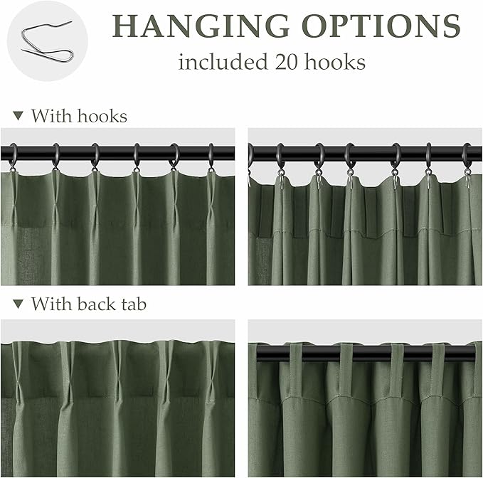 Aersas Olive Green Pinch Pleat Linen Curtains 45 Inch Long for Kitchen Pleated with Hooks Back Tab Light Filtering Boho Farmhouse Short Semi Sheer 45 Inch Cafe Curtain for Dining Room RV Small Window