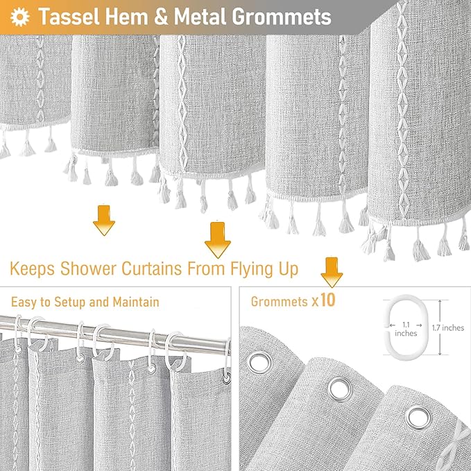 BTTN Boho Farmhouse Shower Curtain - Linen Rustic Heavy Duty Striped Fabric Shower Curtain Set with Tassel, Bohemian Vintage Country Cloth Shower Curtains for Bathroom，Grey，60" W x 72" L (Pack of 1)