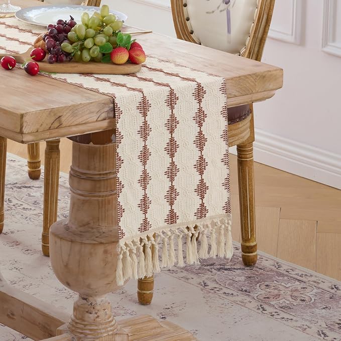Fancy Homi Rust Boho Cotton Polyester Table Runner 90 Inches Long, Farmhouse Macrame Table Runners with Tassels for Home Party Bohemian Rustic Bridal Shower Kitchen Dining Decor 12x90 Inches