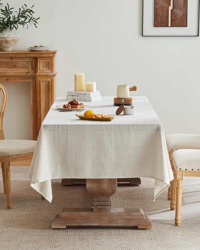 ZeeMart Linen Checked Table Cloth 60x60 Inches, Farmhouse Style Plaid Embroidered Off White Water Resistant Square Table Cover, Ivory