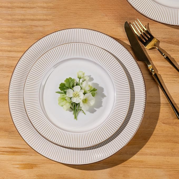 GBHOME Ceramic Dinnerware Sets,12 pcs Embossed Elegant Stoneware Plates and Bowls Sets, Housewarming Wedding Gift | Dishwasher & Microwave Safe | Dishes Set Service for 4