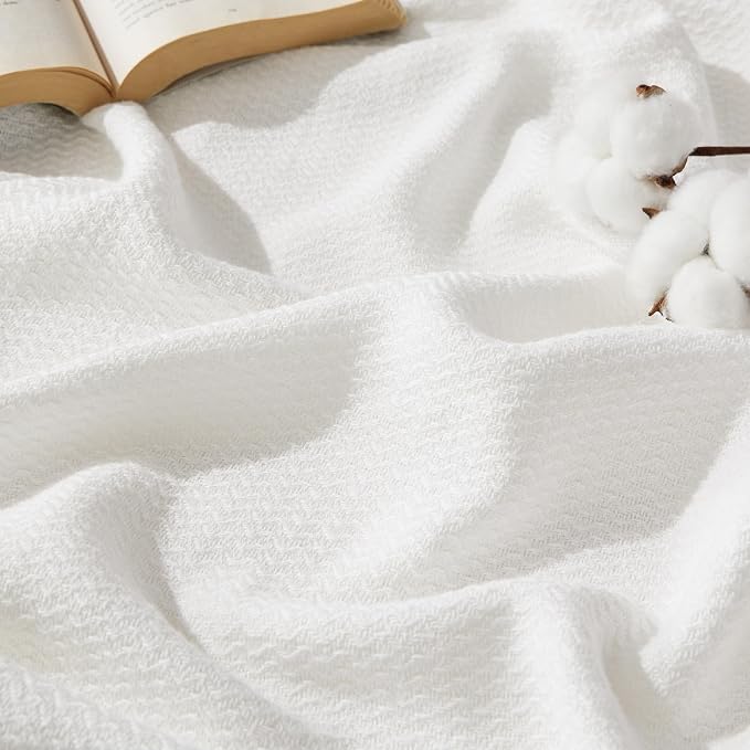 Bedsure GentleSoft 100% Cotton Blanket Full Size for Bed - Breathable and Lightweight, Soft Cozy Textured Herringbone Woven Blanket for Summer Spring, White, 80x90 inches