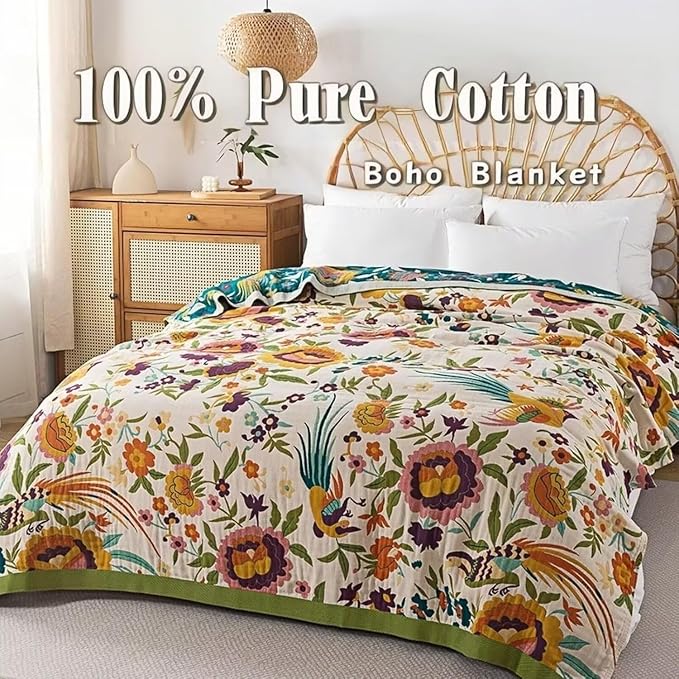 Boho Throw Blanket for Bed 100% Cotton Bohemian Blankets Ultra Soft Woven Muslin Decorative Blankets All Seasons Vintage Quilt Knitted Blanket for Sofa Chair(Beige, 90"x98")