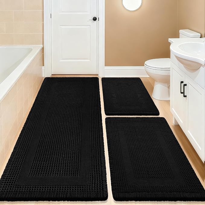 Upgrade Waffle Bath Mat Set 3 Piece, Boho Bathroom Rugs Absorbent Non Slip, Ultra Soft Bathroom Mat, Machine Washable Knit Bath Rugs with Tassels for Bathroom, Bedroom, Kitchen, Shower, Tub, Black