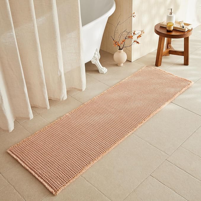 TYUU Waffle Runner Rug Bathroom, Long Boho Bathroom Rugs Non Slip Washable Super Absorbent Quick Dry Farmhouse Bath Decor, 72"x24" Light Peach