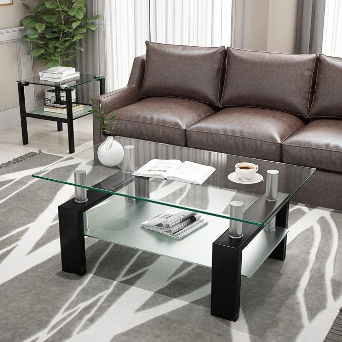 Meihua Rectangle Glass Coffee Table 2-Tier Tea Table Modern Side Coffee Table for Living Room Black