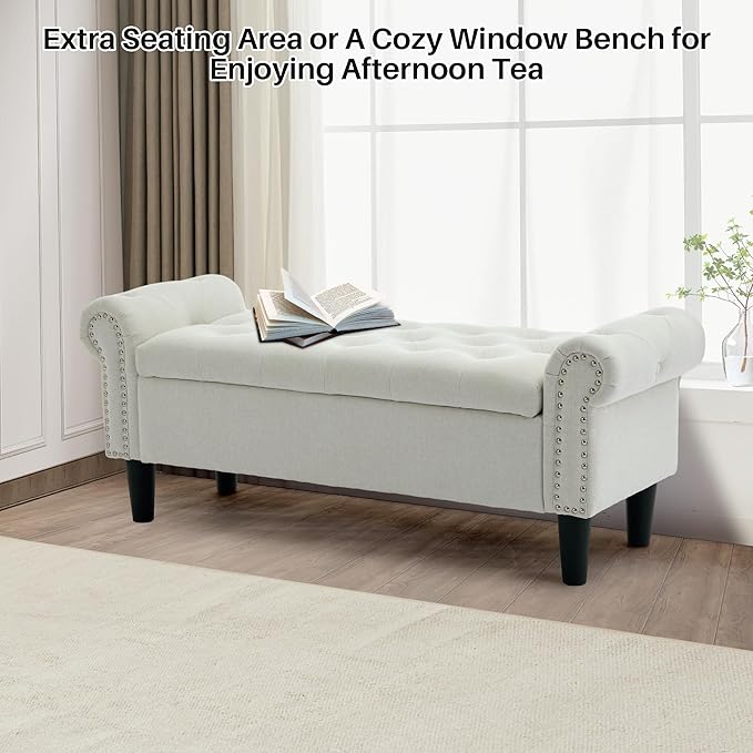 SOFTHION Storage Bench, 50" Queen End of Bed Bench, Linen Tufted Button Upholstered Bedroom Bench, Storage Ottoman with Rolled Arms, Window Bench with Storage, for Living Room, Entryway Beige