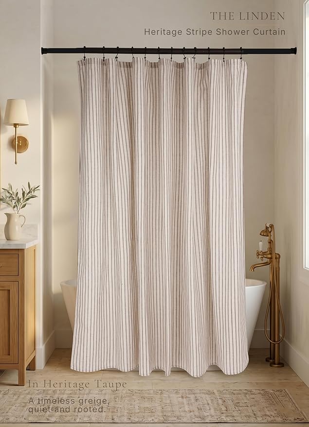 Farmhouse Striped Shower Curtain - 72x84 Inches, Linen Blend Fabric, Breathable & Machine Washable, Rustic Taupe for Bathroom Decor (Hooks/Liner Not Included)