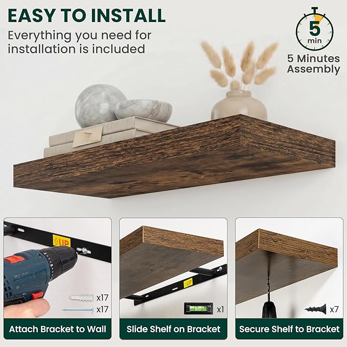 Floating Shelves for Wall 16 in x 9.3 in Deep, Wall Mounted Rustic Wood Shelf with Invisible Brackets for Storage & Display, Living Room Bedroom Bathroom, Brown, 2 Pack