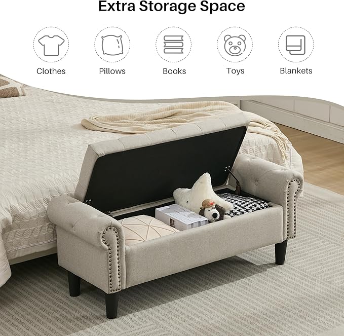 SOFTHION Storage Bench, 50" Queen End of Bed Bench, Linen Tufted Button Upholstered Bedroom Bench, Storage Ottoman with Rolled Arms, Window Bench with Storage, for Living Room, Entryway Light Brown