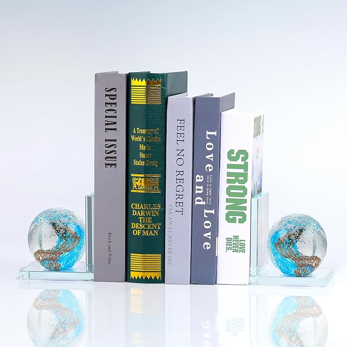Book Ends for Shelves, Glass Bookends with Light Blue Glass Hand Blown Sea Wave Ball, Non Skid Sturdy Decorative Bookends for Ocean Lovers, Heavy Books, Office, Set of 2