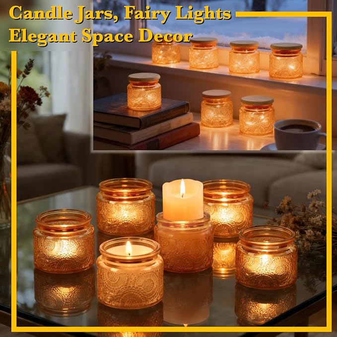 4 oz Amber Mini Glass Jars with Airtight Bamboo Lids 6 pack, Decorative Small Food Storage Canister, Vintage Embossed Home Decor Candle Parties Wedding Baby Shower Favors Gift