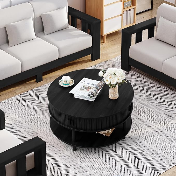 XUZENEST 31.5” Round Coffee Table with Storage, Mid Century Modern 2 Tier Coffee Table with Tambour Sliding Door, Solid Wood Legs Fluted Center Table for Living Room Home Office Small Space, Black