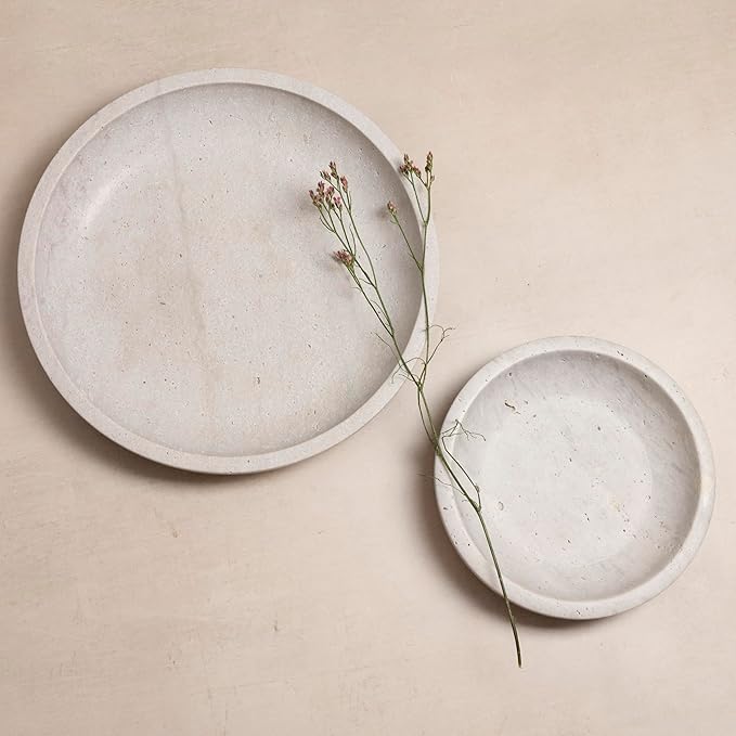 Shelf & Nook Travertine Decorative Bowls for Home Decor. Key Bowl for Entryway Table in a Choice of 5 Colors (White/Gray, Large)