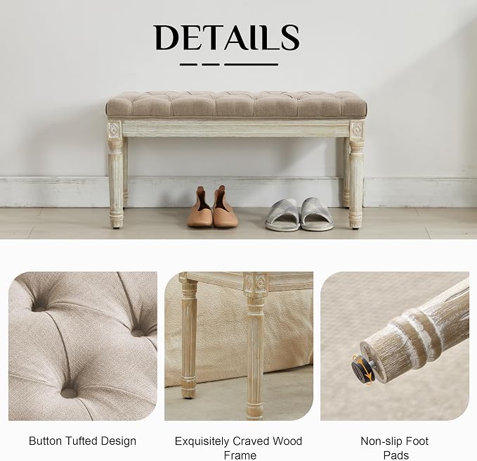 LOULENS French Vintage Bench, Linen Fabric Entryway Bench, Upholstered Tufted End of Bed Bench with Brushed Wood Legs,Light Brown
