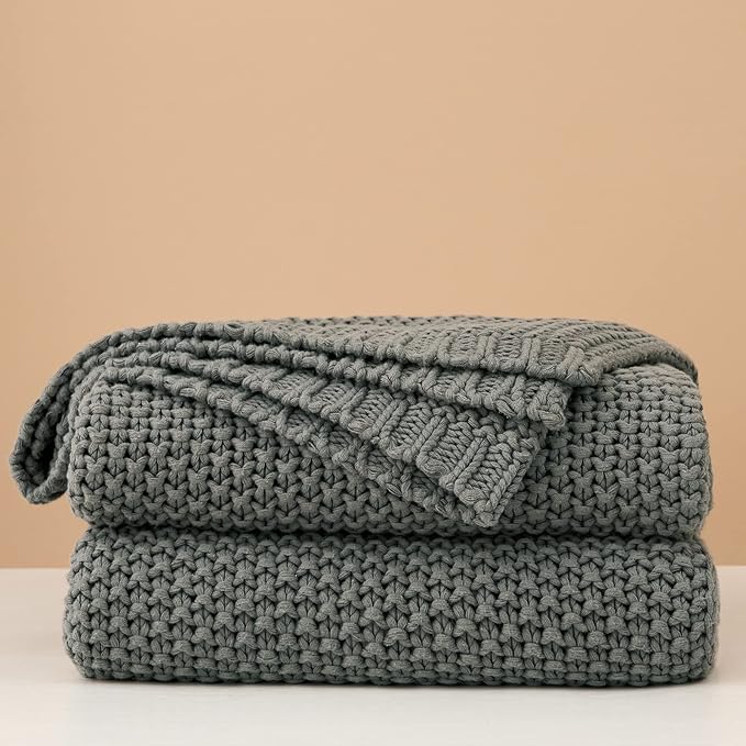 Chunky Cable Knit Throw Blanket Lightweight Grey 100% Organic Cotton Blanket for Sofa Couch Bed Baby Nursery, Rustic Shabby Chic Modern Farmhouse, Gray 60” x 80” Give Laundering Bag