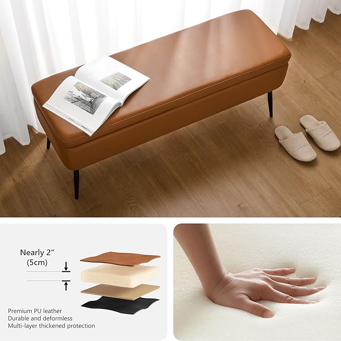 kinmars Leather Storage Ottoman Bench,End of Bed Bench for Living Room Bedroom Dinning Room Entryway,Mid-Century Modern, with Steel Legs,Safety Hinges, Loads 660 lb (Without Button, Brown)