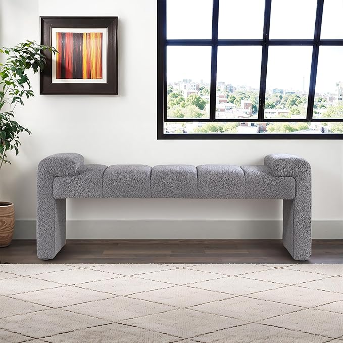 Boucle End of Bed Bench Upholstered Modern Bedroom Bench Channel Tufted Window Bench Comfy Long Ottoman for Living Room/Hallway/Indoor (Grey, Curved Arm)